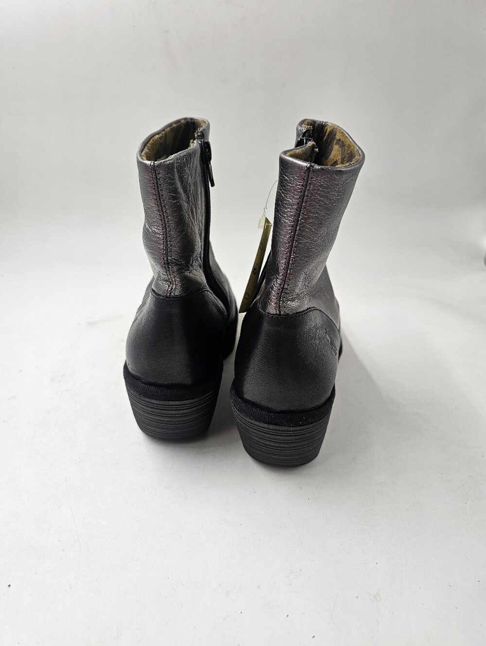 Fly London Yuxi Metallic Leather Wedge Ankle Boots Black Graphite EU40 US9 NWOB - Picture 7 of 8
